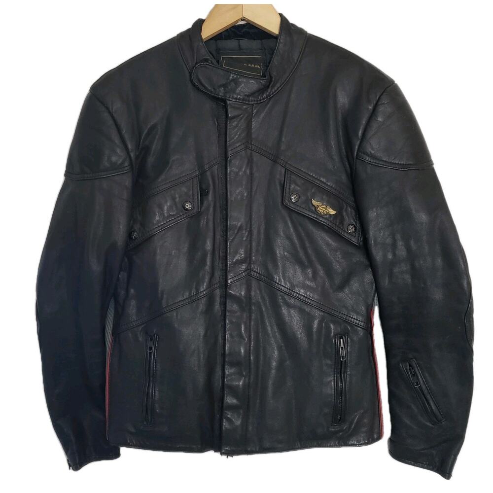 VTG Yamaha Leather Racing Single Riders Jacket Black w/ Gray Side Panels 44 (42)